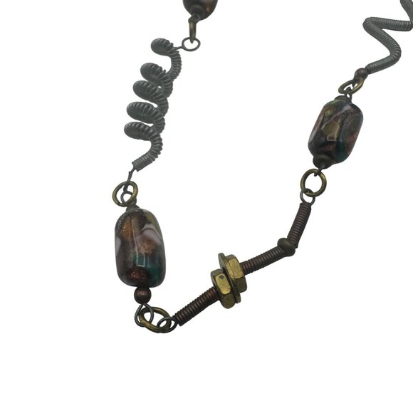 Mixed Metal Beaded Necklace Glass Accents Spiral S Hook Closure 17 Inch Unique - Picture 2 of 5